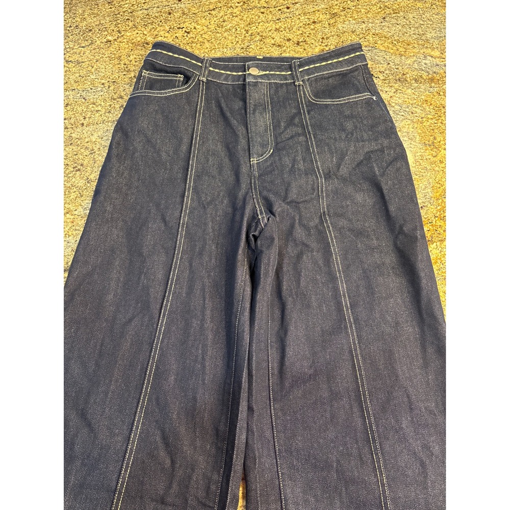 NWT Commense Wide Leg Denim Pants Indigo Contrast Stitch High Waist Size L